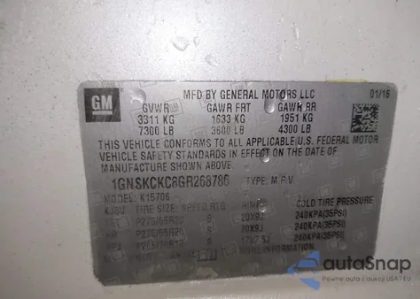 2016 Chevrolet Tahoe K1500 Ltz z USA, uszkodzony, nr VIN 1GNSKCKC8GR268786